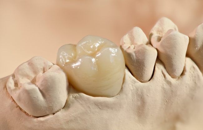 Dental crown atop a tooth in a model of the lower jaw